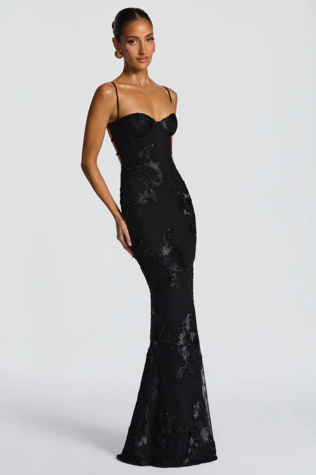 Wedding guest maxi dress: women's floral embroidered design with elegant cami & corset.