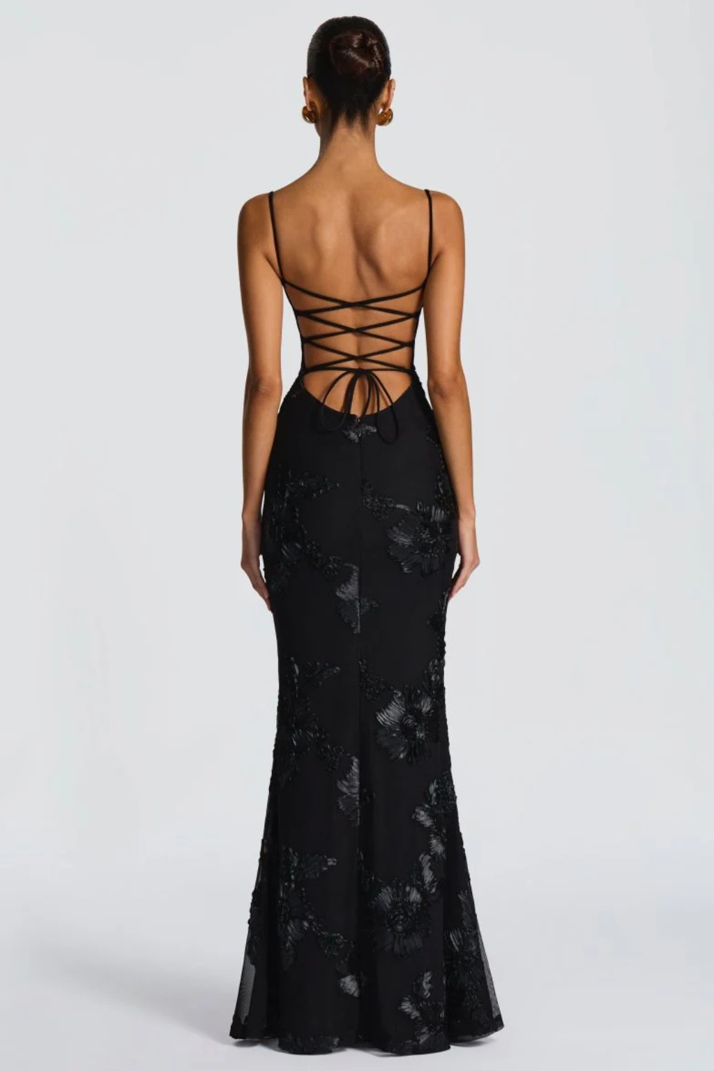 Evening party dress: women's long floral embroidered gown with stylish corset cami.