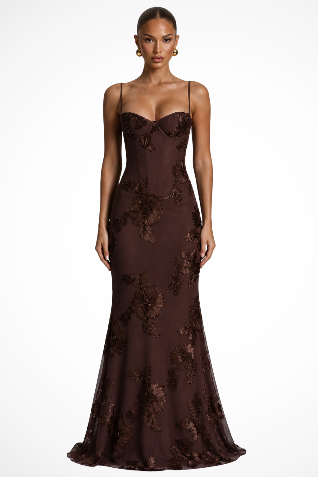 Women's elegant embroidered floral cami maxi dress, ideal for formal gatherings.