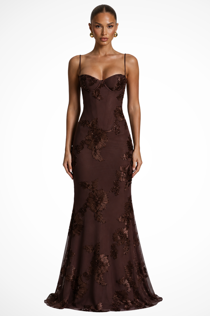 Women's elegant embroidered floral cami maxi dress, ideal for formal gatherings.
