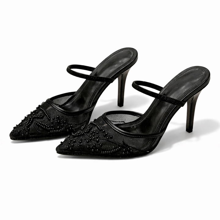 Women's embroidered floral mule heels, elegant evening wear with a chic pointed toe design.