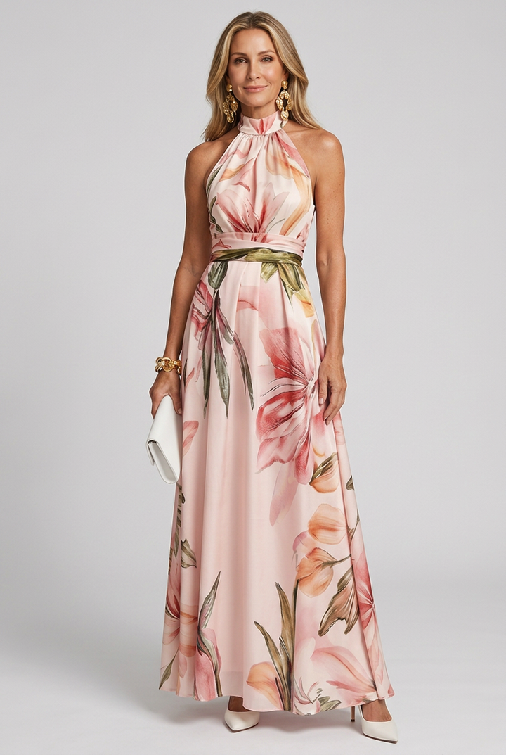 Women's elegant floral halter maxi dress. Breezy, flowy design perfect for summer vacations, parties, or casual chic.