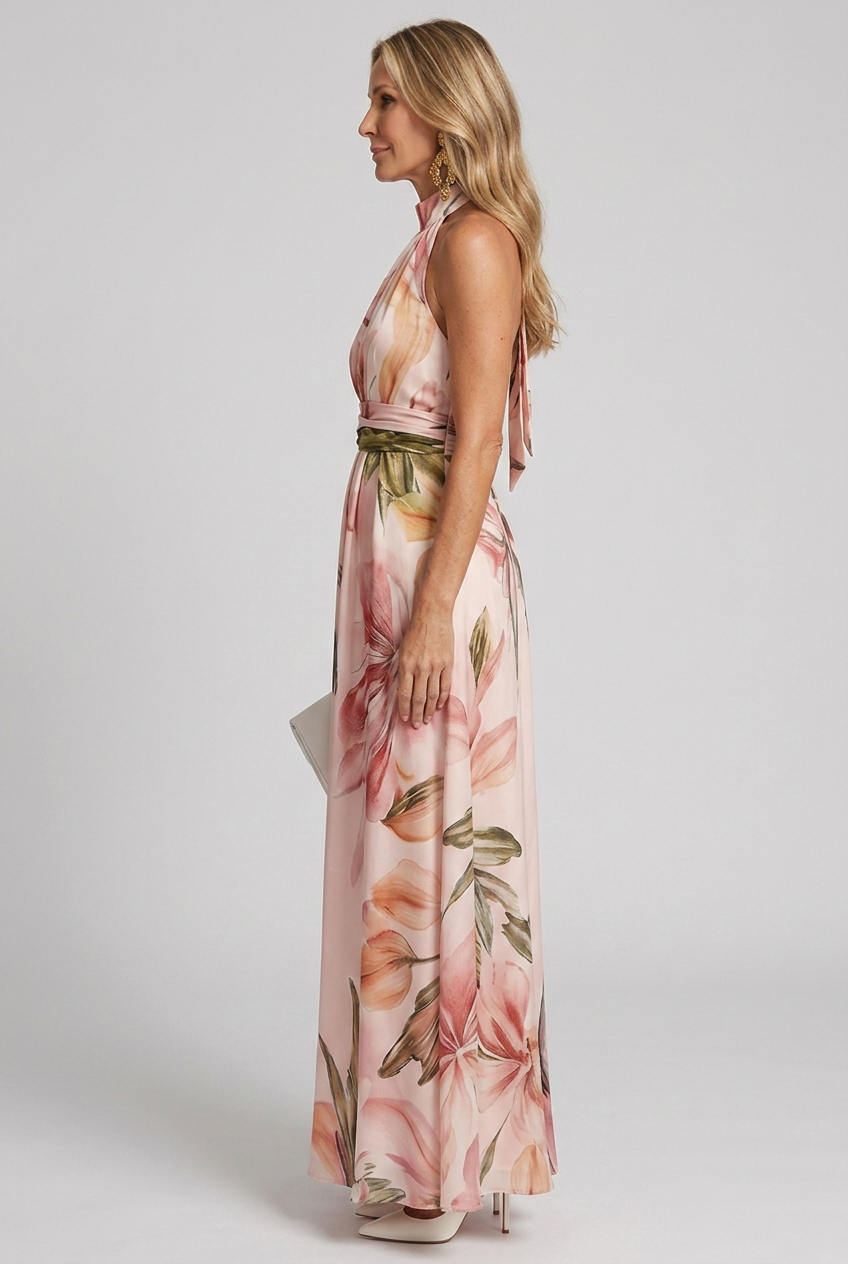 Vibrant floral print halter maxi dress for women. Stylish, flowy summer dress, ideal for vacation, beach, or elegant parties.