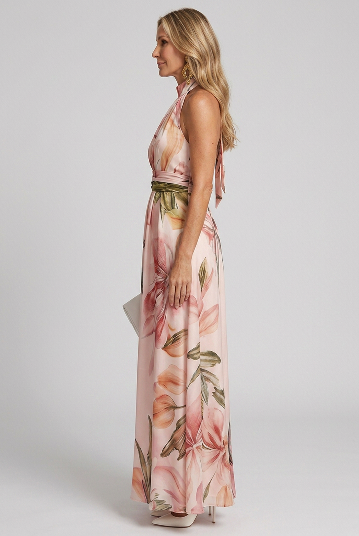 Vibrant floral print halter maxi dress for women. Stylish, flowy summer dress, ideal for vacation, beach, or elegant parties.