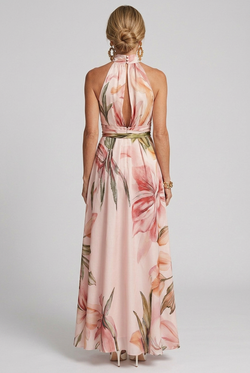 Breezy women's floral halter maxi dress. Elegant and flowy, perfect for summer, vacation, parties, or everyday casual chic.