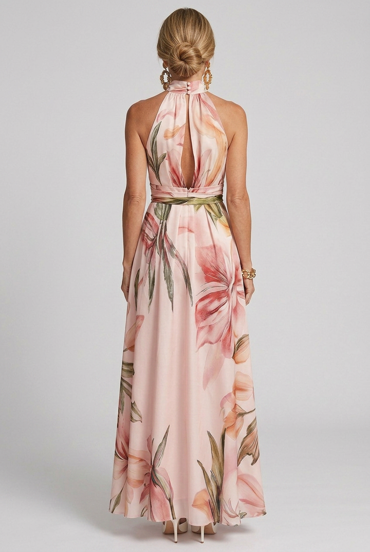 Breezy women's floral halter maxi dress. Elegant and flowy, perfect for summer, vacation, parties, or everyday casual chic.