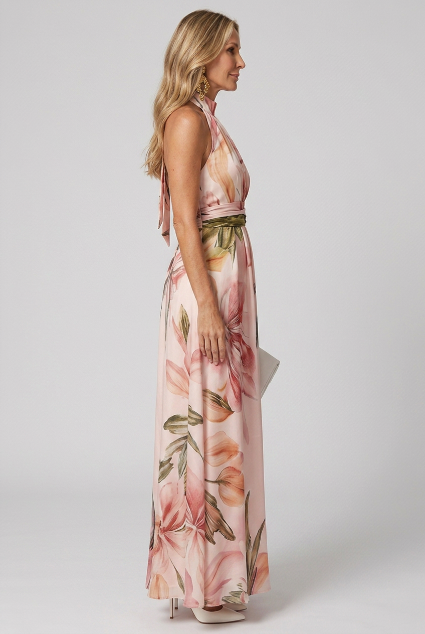 Flowy women's floral halter maxi dress with elegant design. Ideal for summer, vacation, party, or a chic casual look.