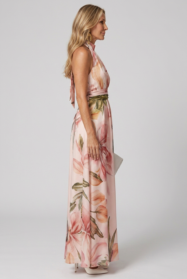 Flowy women's floral halter maxi dress with elegant design. Ideal for summer, vacation, party, or a chic casual look.