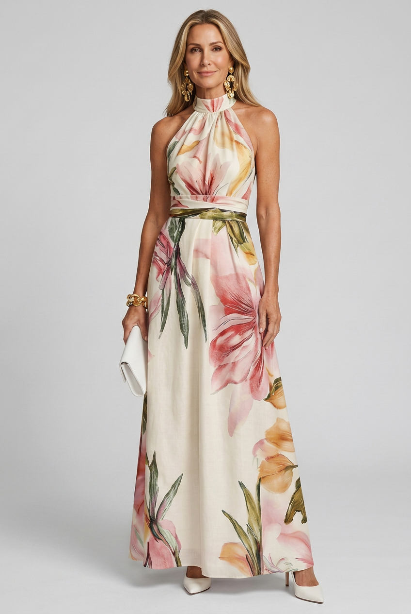 Chic women's floral halter maxi dress. Elegant, breezy, and perfect for summer, vacation, parties, or everyday wear.
