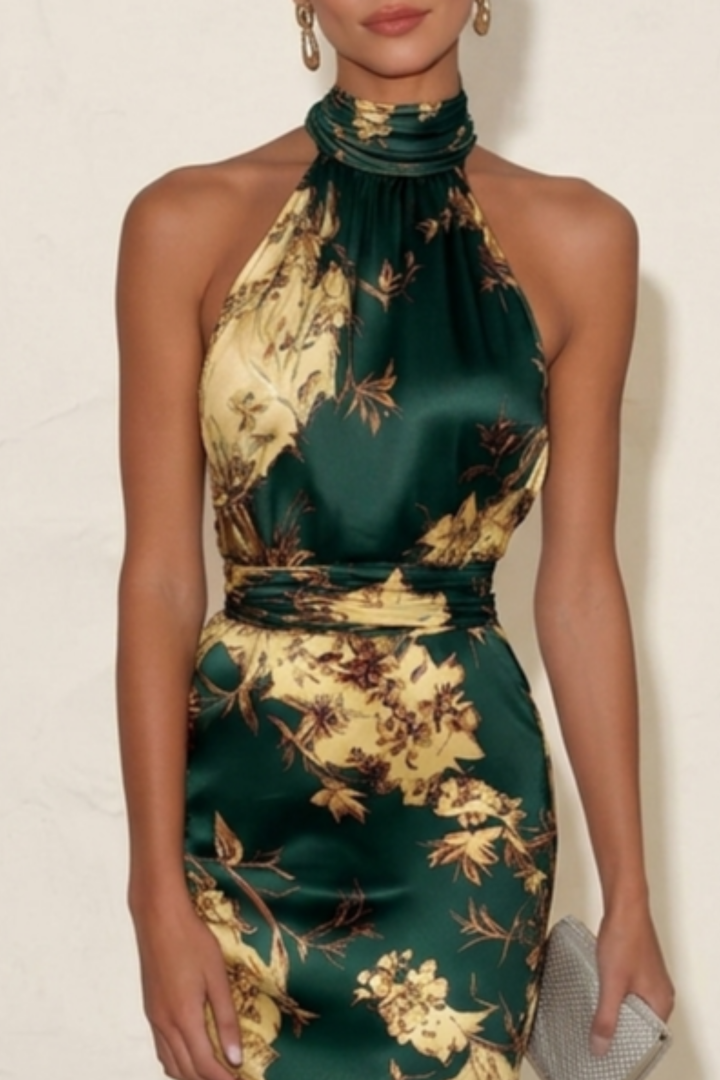 Sophisticated women's halter neck floral midi dress, a flattering choice for wedding guests & events.