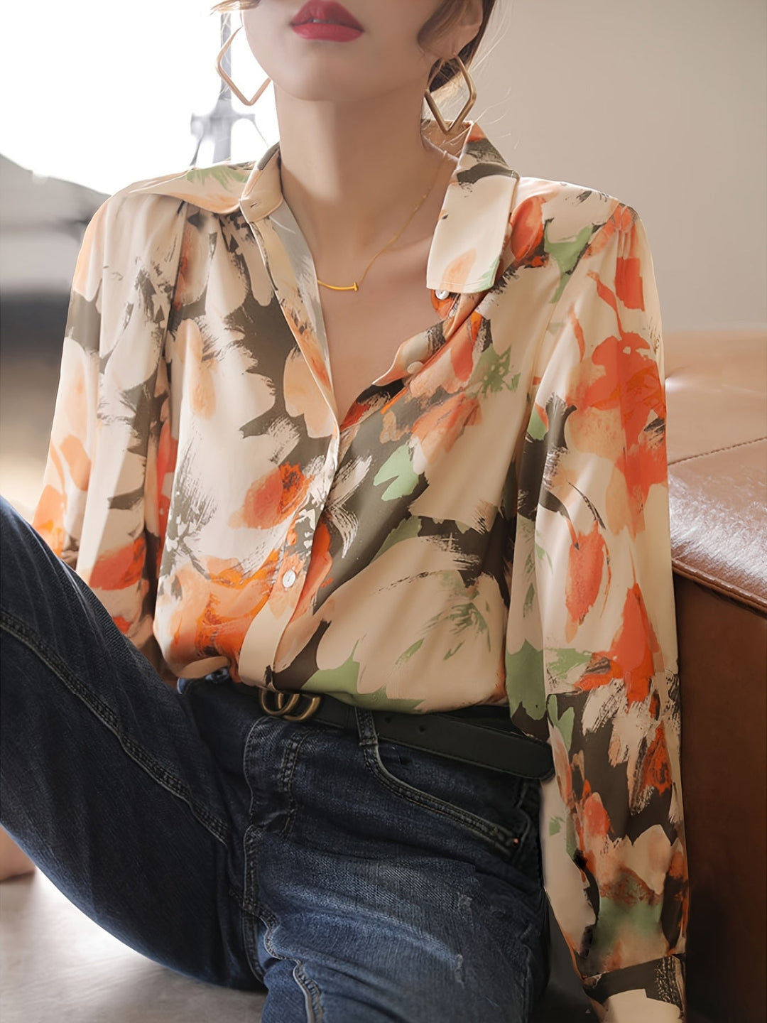 Dressy women's floral ink print blouse with an elegant design, suitable for spring, summer, and office wear.