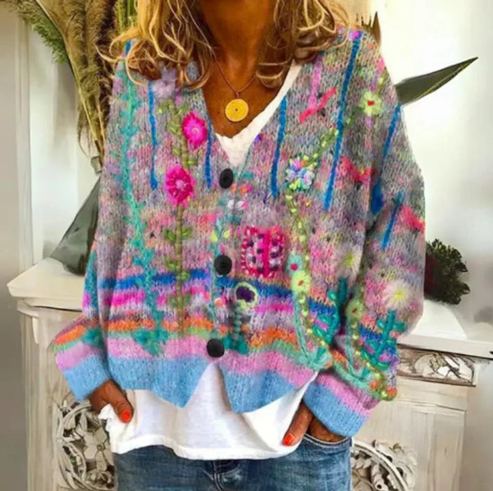 Women's elegant floral knit cardigan, button-up, relaxed fit. Perfect for casual summer & boho style.