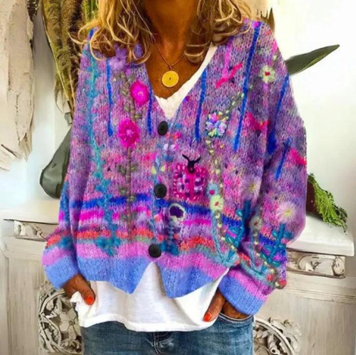Women's embroidered floral knit cardigan, long sleeve, relaxed fit. Stylish casual boho top.