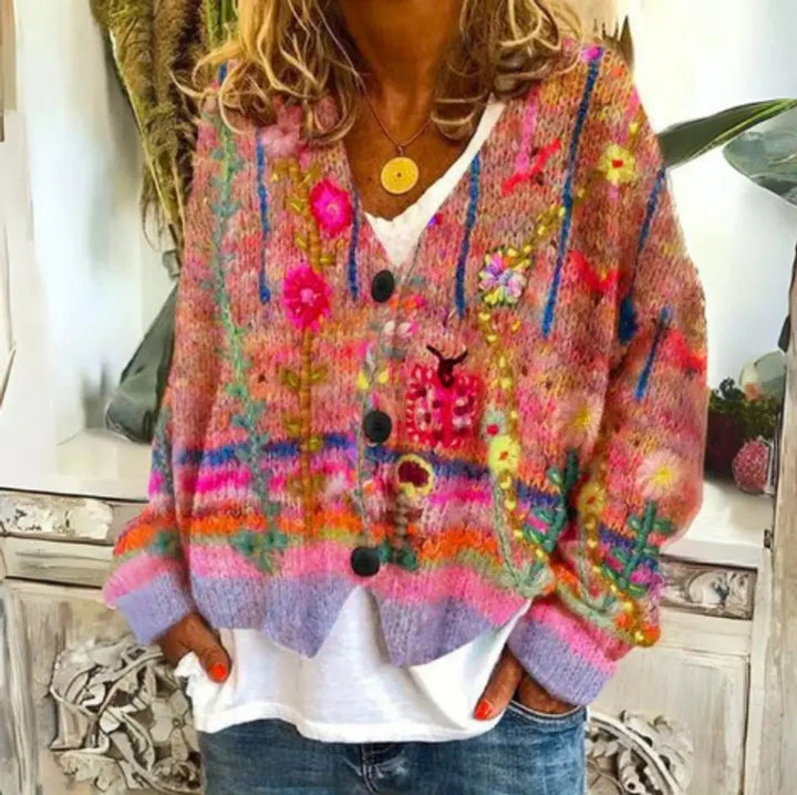 Colorful women's floral knit cardigan with button-up front. Relaxed fit for elegant casual & summer style.