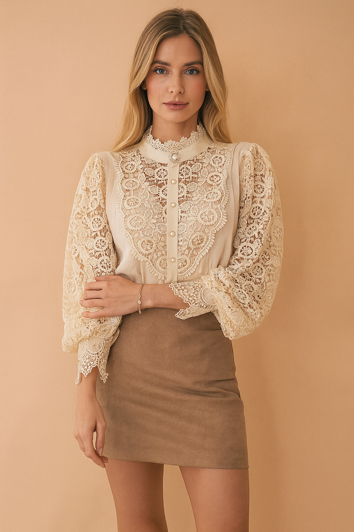 Women's elegant floral lace blouse with puffed sleeves, vintage chic style. Available in apricot, white, or black.