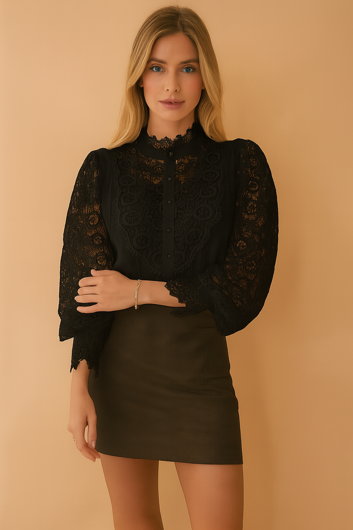 Elegant women's floral lace blouse, vintage chic top with romantic puffed sleeves. Available in apricot, white, black.