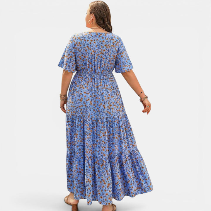 Flowing A-line floral maxi dress for women, an elegant and casual summer look. Boho chic.