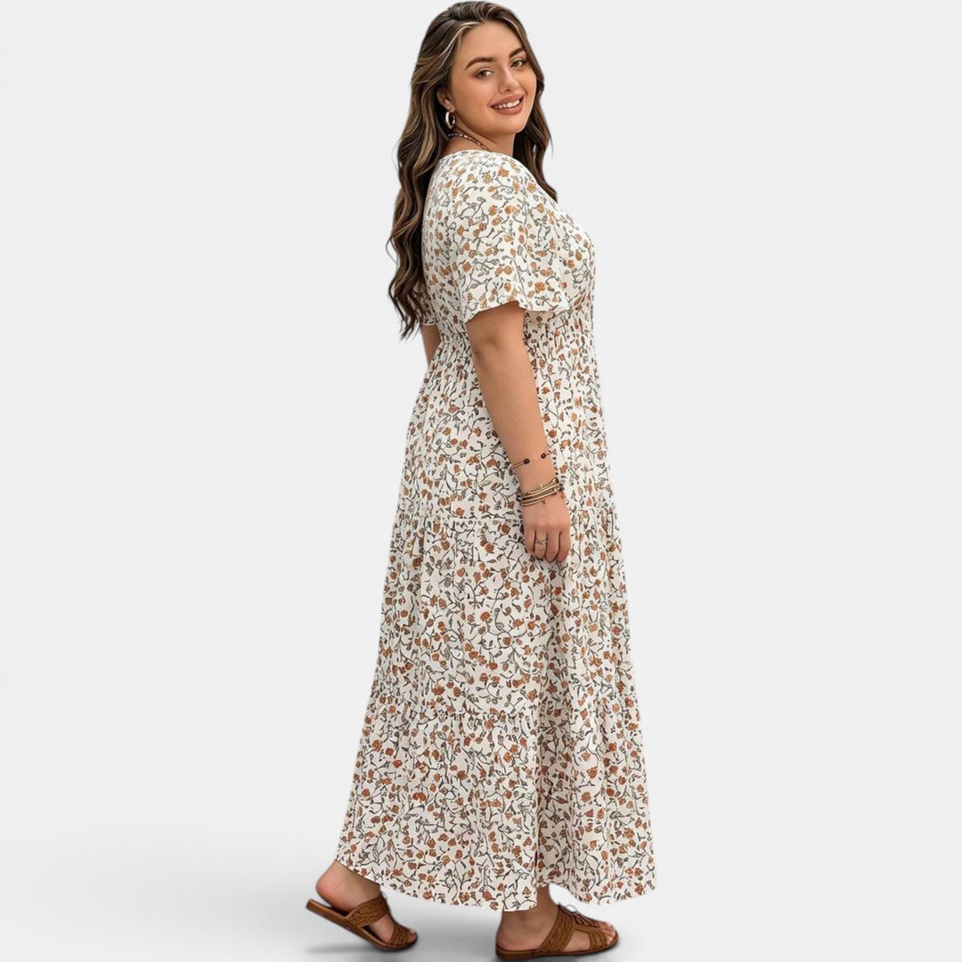 Women's elegant dress, a floral print maxi style for summer comfort and sophisticated look.