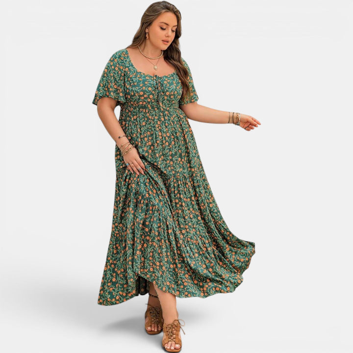 Stylish floral maxi dress for women, an elegant and comfortable boho summer look. A-line cut.