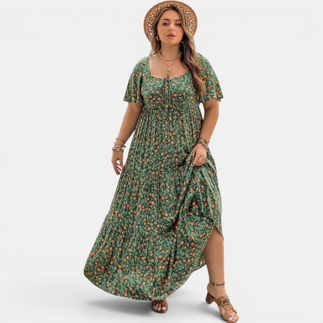 Boho floral maxi dress, a relaxed and stylish women's summer outfit with a flowing design.