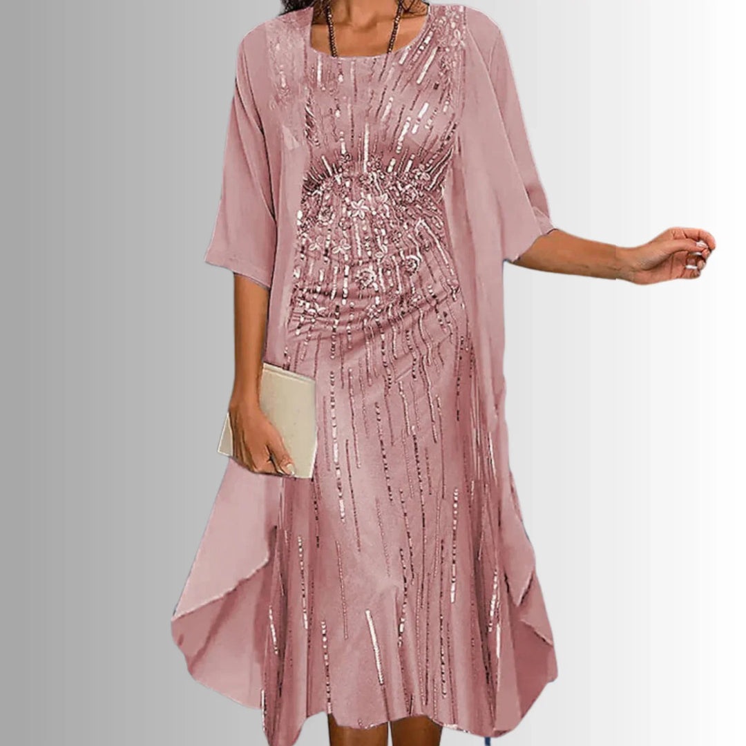 Beautiful spring fashion: women's floral midi dress and elegant jacket set. Versatile and comfortable.