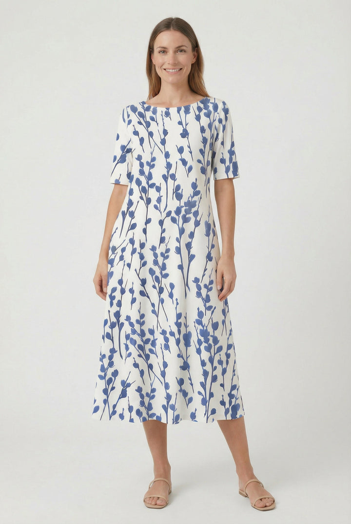 Women's elegant floral midi dress, short sleeve, A-line style for summer comfort.