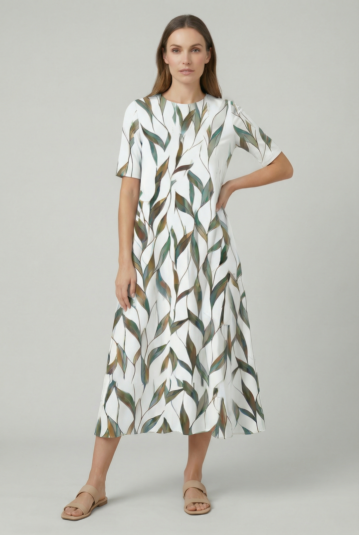 Stylish A-line floral midi dress for women, ideal for an elegant yet relaxed look.