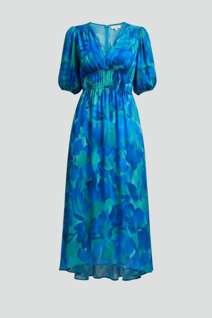 Women's elegant floral midi dress with puff sleeves & V-neck, perfect for summer parties & events.