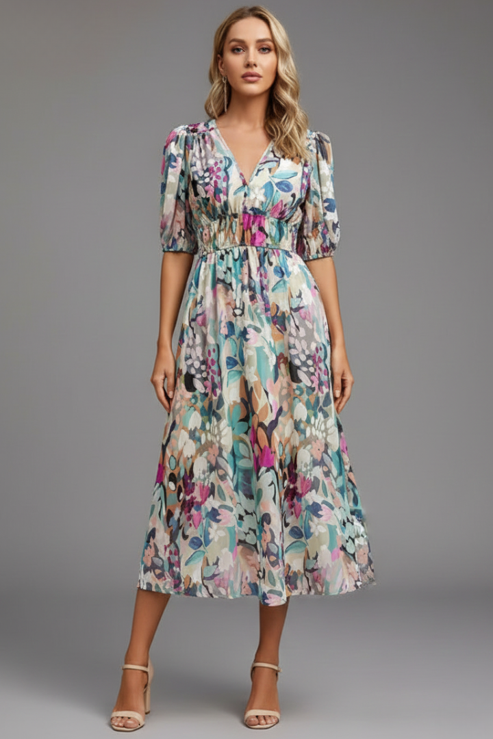 Versatile women's floral midi dress with puff sleeves, V-neck, suitable for summer, parties, or stylish casual wear.