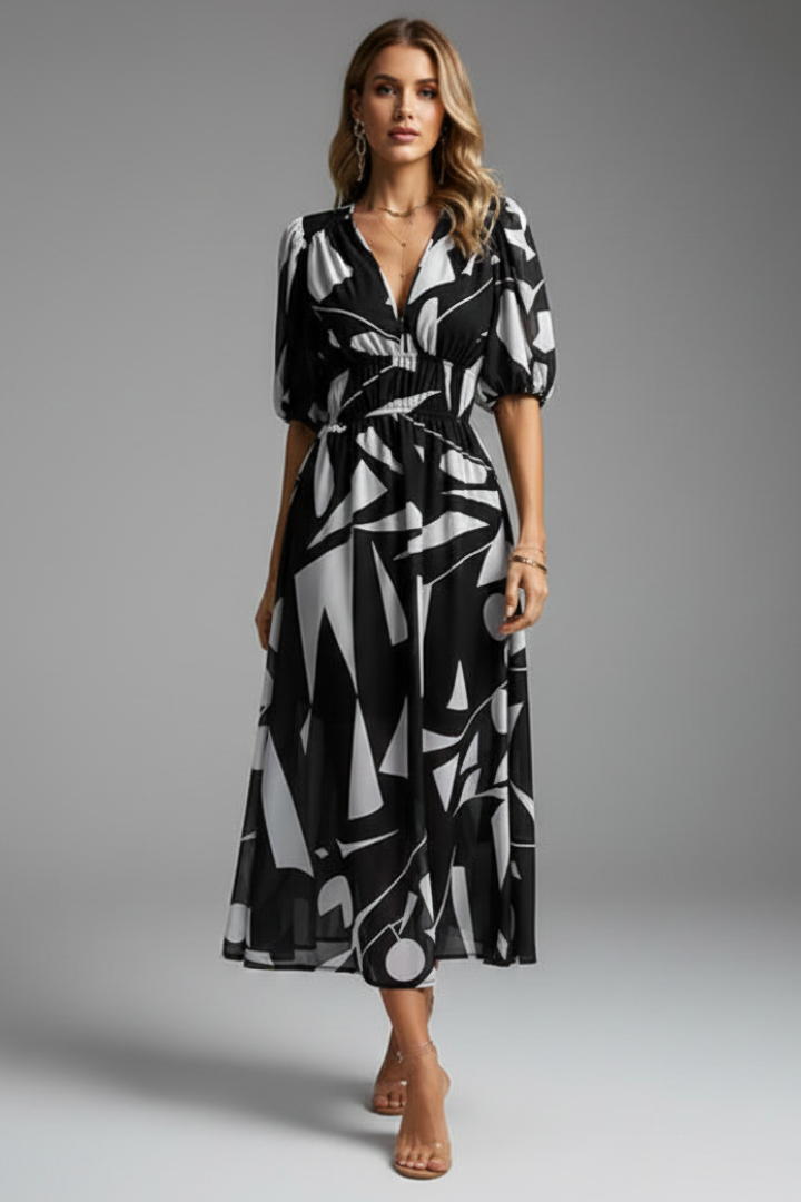 Elegant women's floral V-neck midi dress with puff sleeves, an essential for any special event or sophisticated gathering.