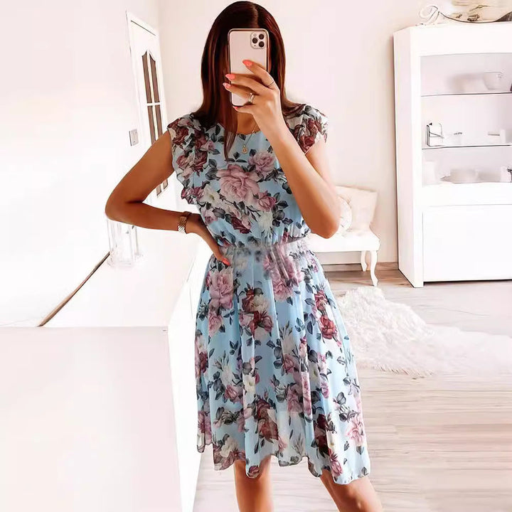 Stylish women's round neck floral midi dress featuring delicate ruffle sleeves for an elegant spring look.