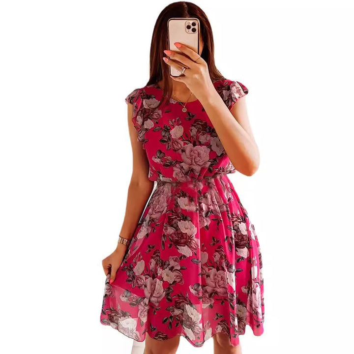 Comfortable women's floral midi dress with ruffle sleeves, a versatile choice for casual summer or party style.