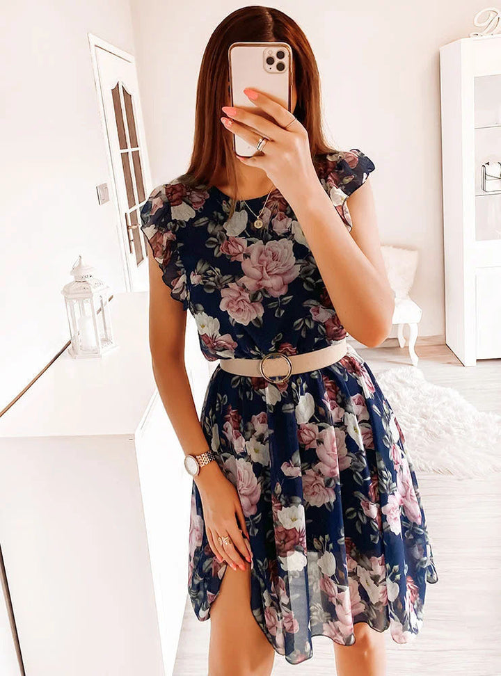Beautiful women's floral print midi dress with soft ruffle sleeves, perfect for elegant spring/summer events.