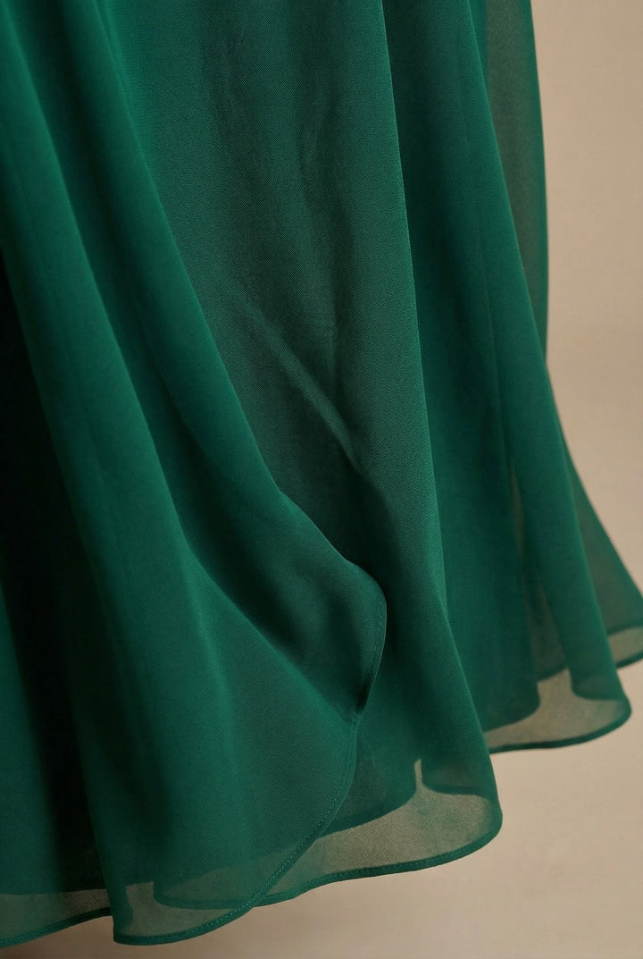 Women's flowy evening dress with a stunning floral pattern and pleats.