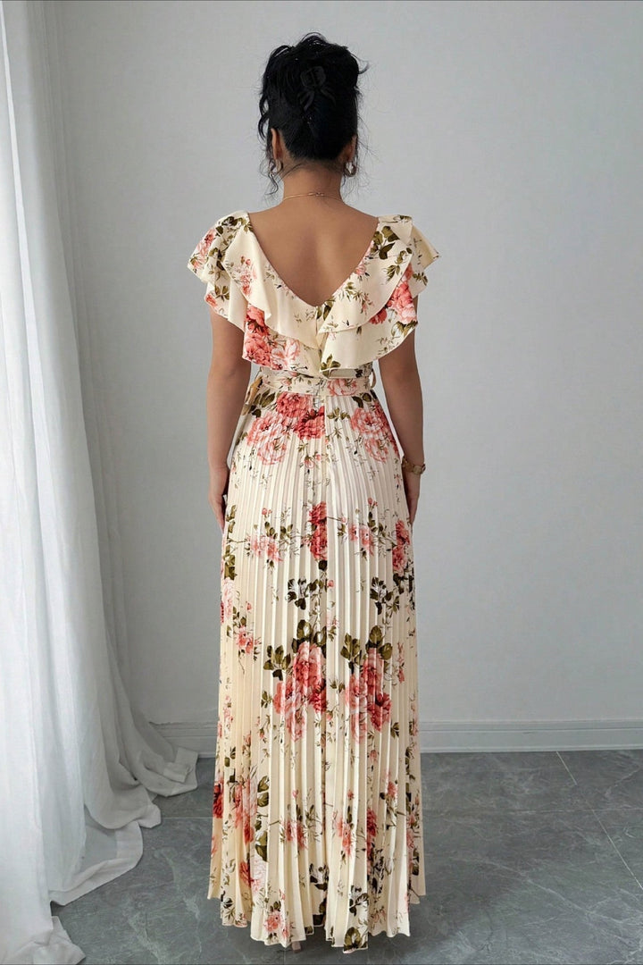 Summer occasion wear: Women's floral pleated maxi dress with chic ruffle sleeves, formal & stylish.