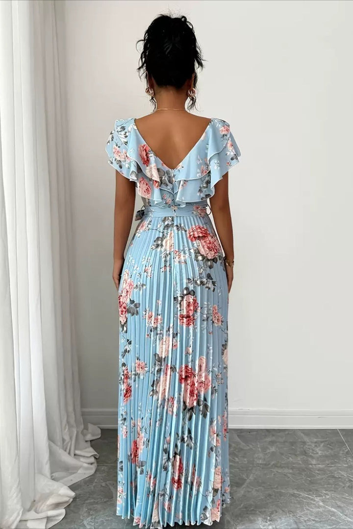 Formal women's floral pleated maxi gown with airy ruffle sleeves, perfect for special occasions.