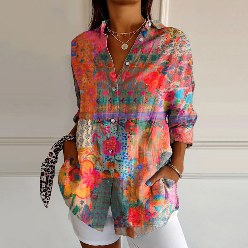 Women's elegant floral print button-down blouse with long sleeves, versatile for casual, office, spring, and summer fashion.