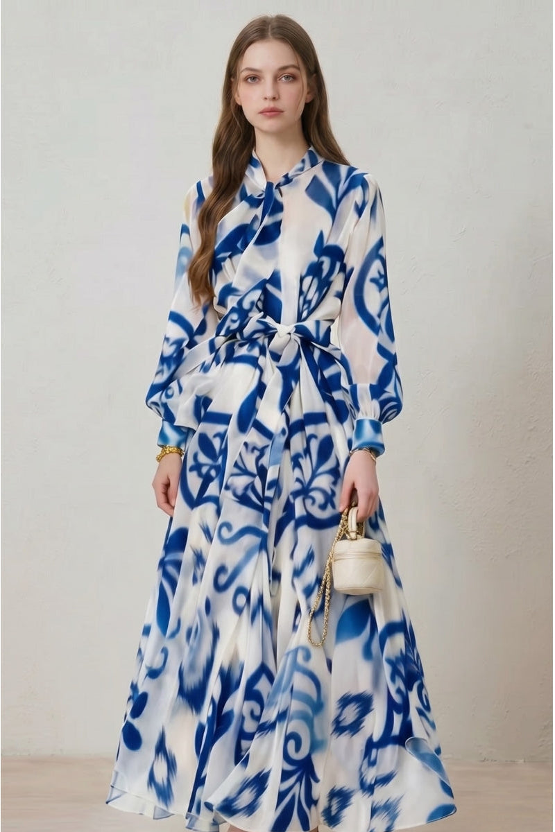Women's elegant floral print long sleeve belted maxi dress, perfect for spring & summer occasions.