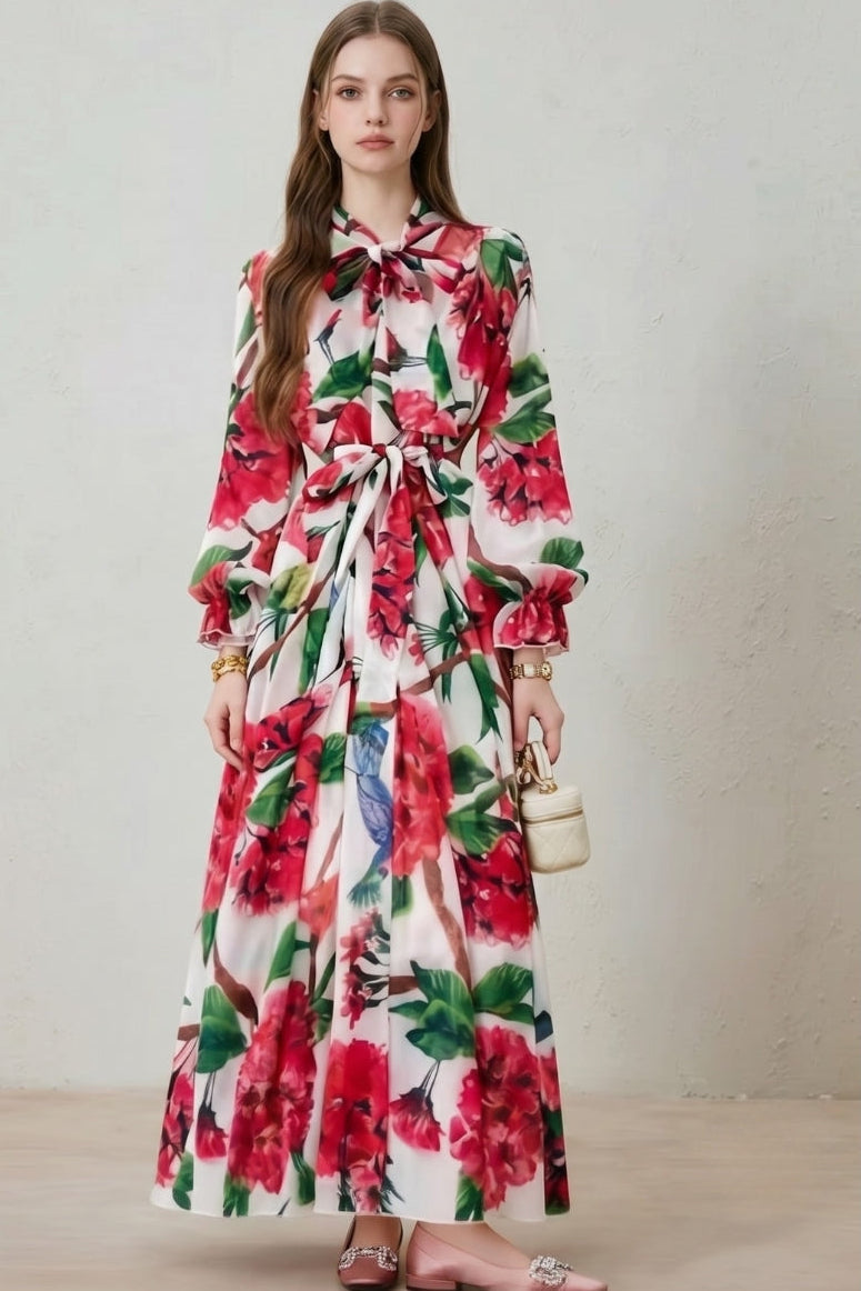 Stylish women's long sleeve floral maxi dress with a flattering belt, suitable for parties & events.