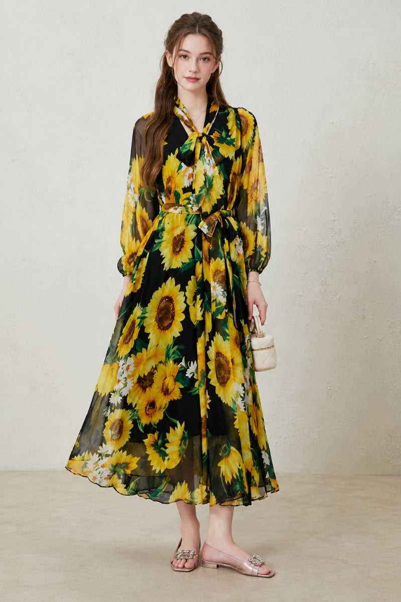 Comfortable women's floral print long sleeve belted maxi dress, a versatile and chic addition to any wardrobe.