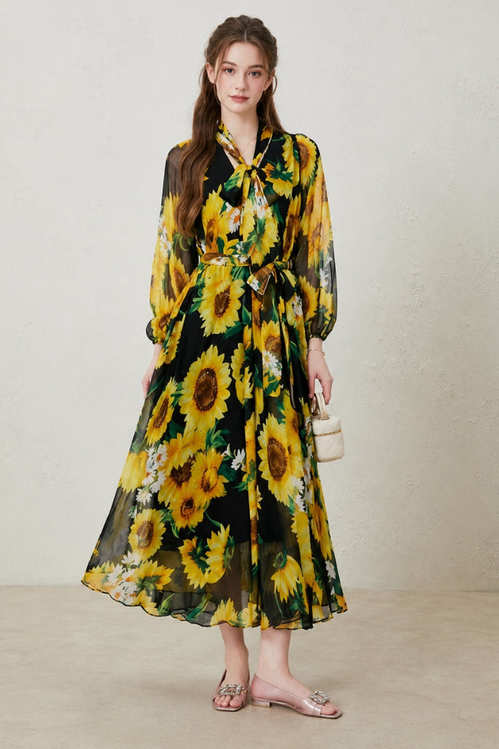 Comfortable women's floral print long sleeve belted maxi dress, a versatile and chic addition to any wardrobe.