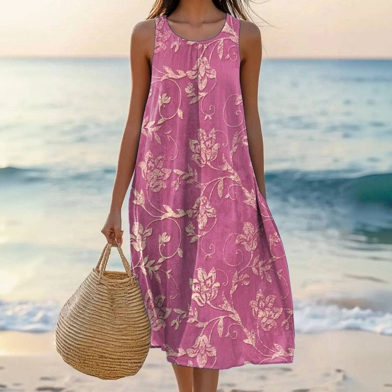 Women's elegant floral print midi dress, sleeveless & flowy. Perfect comfortable summer casual wear with round neck.