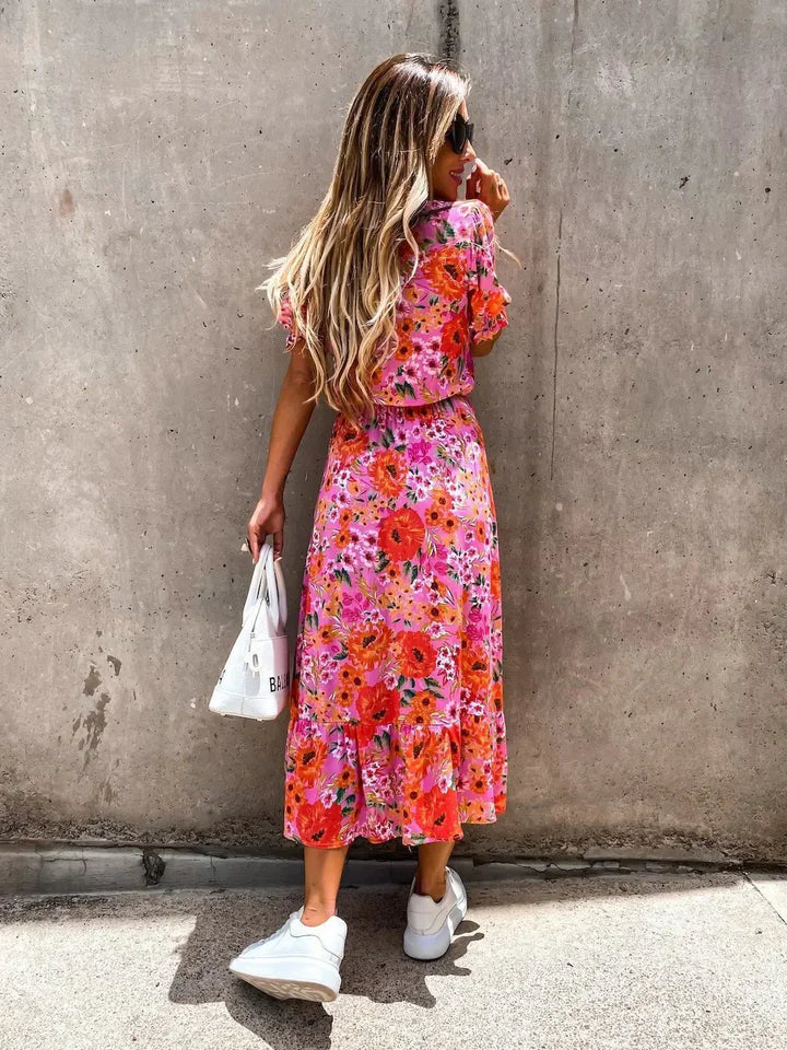 Flowy floral print summer dress for women, a comfortable and stylish bohemian midi.