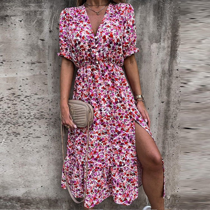 Stylish women's summer dress with vibrant floral print, comfortable and elegant style.