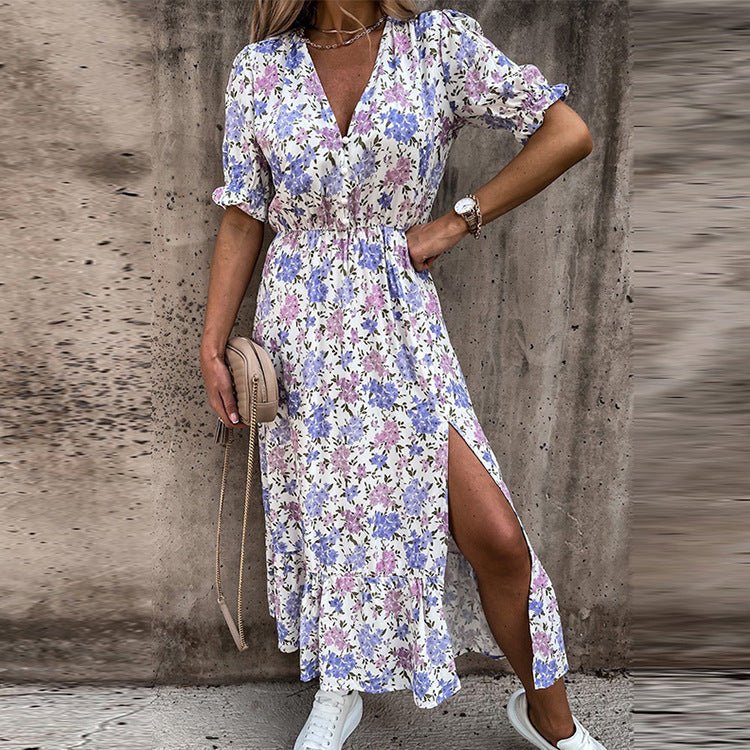 Lightweight women's floral dress, ideal for garden parties, spring fashion, or casual wear.