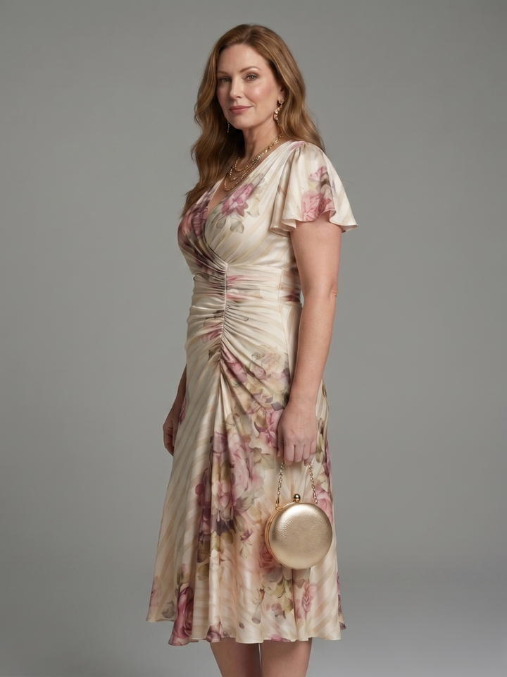 Flowy women's summer midi dress, featuring a vibrant floral pattern and chic flutter sleeves, ideal for elegant occasions.