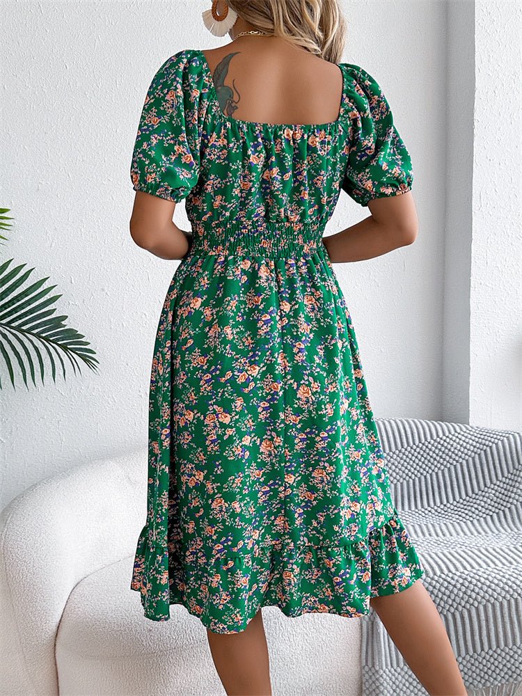 Women's square neck floral smocked dress, midi length, puff sleeves, perfect for various occasions.