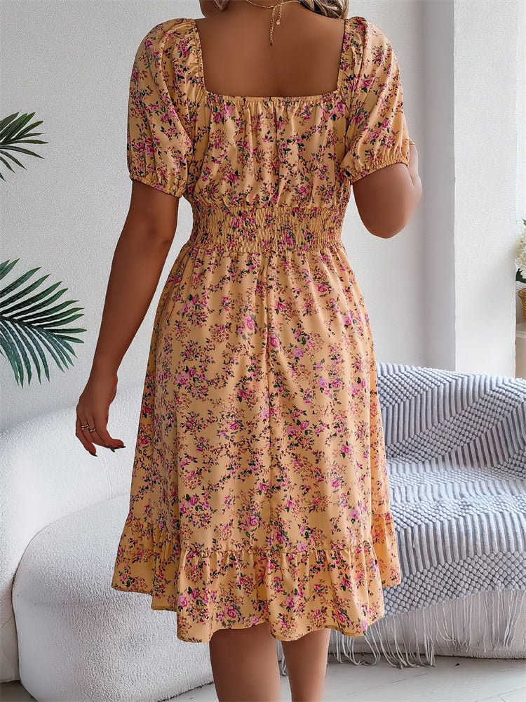 Women's casual floral smocked midi dress, puff sleeves, a comfortable and stylish summer choice.