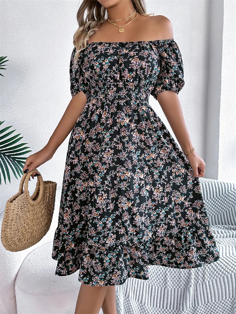 Women's puff sleeve floral midi dress, smocked bodice, a flattering and fashionable garment.