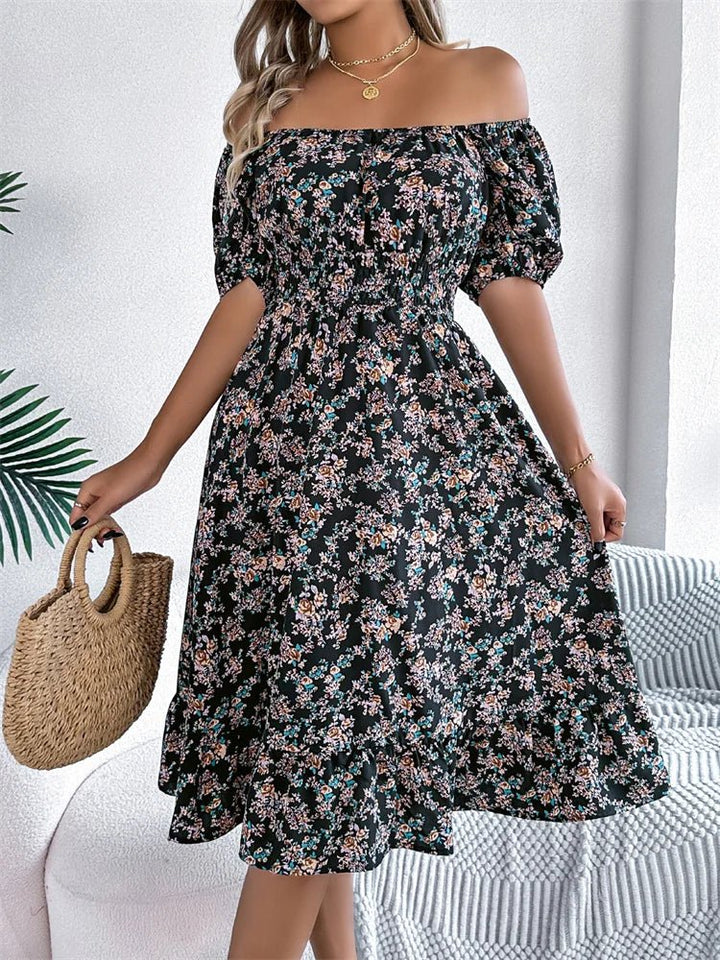 Women's puff sleeve floral midi dress, smocked bodice, a flattering and fashionable garment.